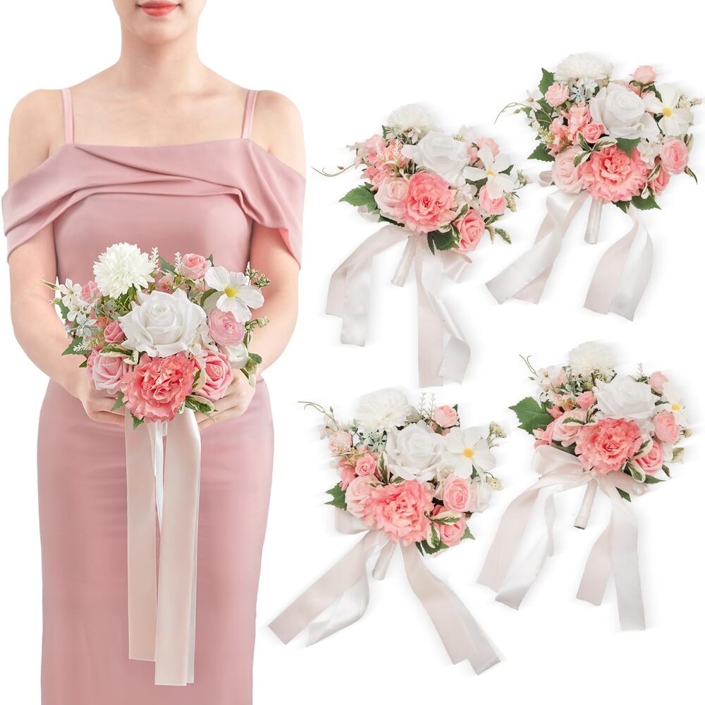 TINGE TIME  4 Bridesmaid Bouquets 7in Coral Pink White Artificial Flowers New
